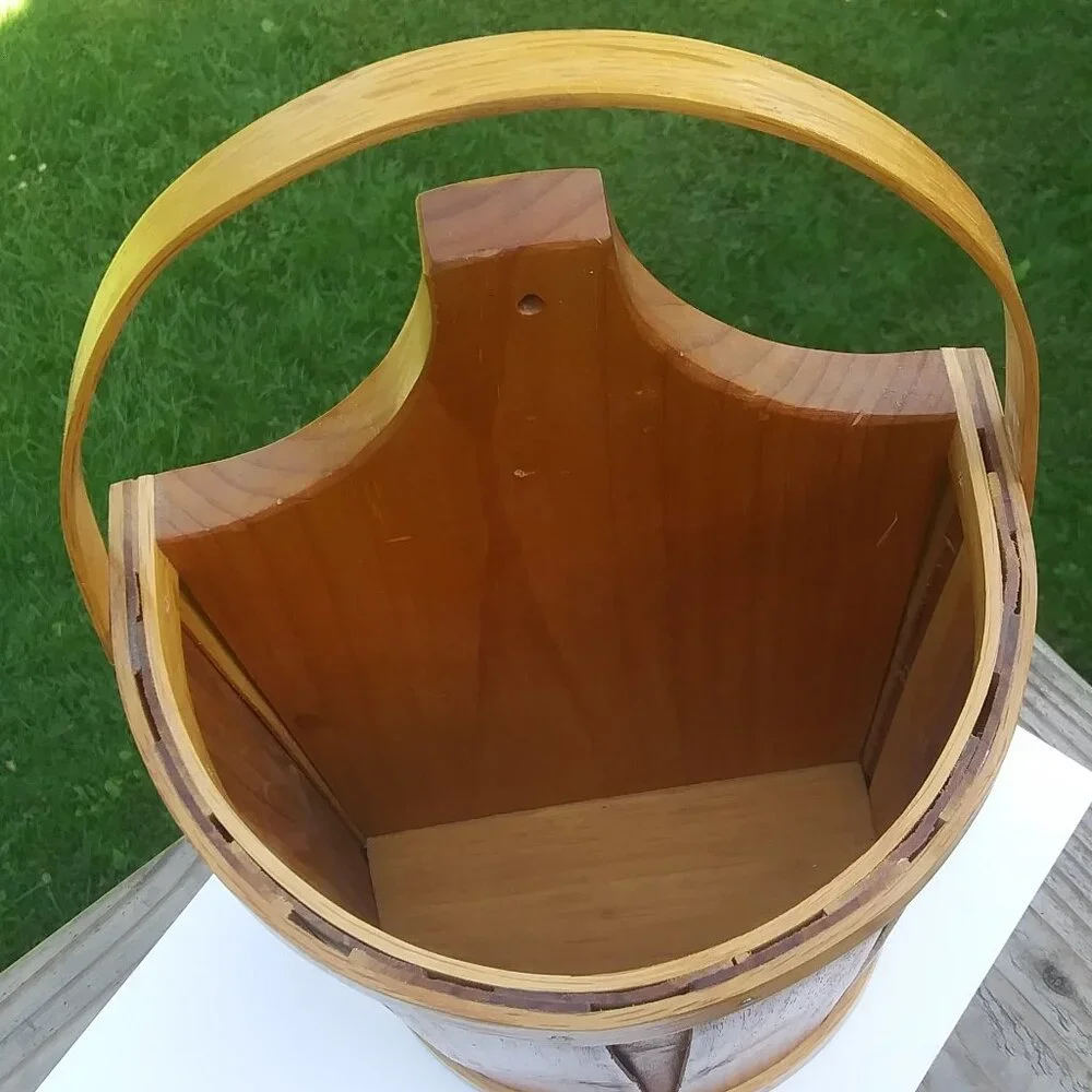 VTG hand crafted artist signed wood half bucket with handle primitive farmhouse